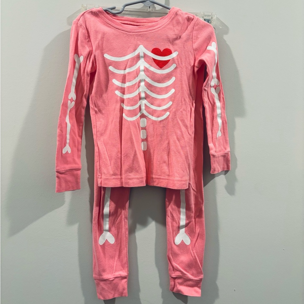 Old Navy kids 5T pink coral Halloween skeleton pj pajama set long sleeve pants